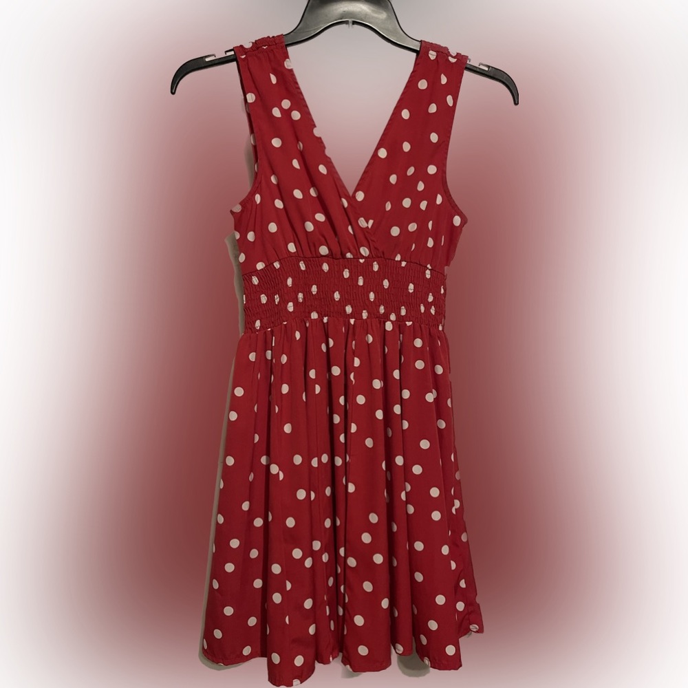 Polka Dot Fit and Flare Sleeveless V neck Dress, Red/White by Derek Heart size S